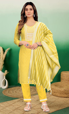 SFCallections Women Embroidered A-line Kurta(Yellow)