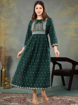 HouseOfComman Women Printed, Embellished A-line Kurta(Dark Green)