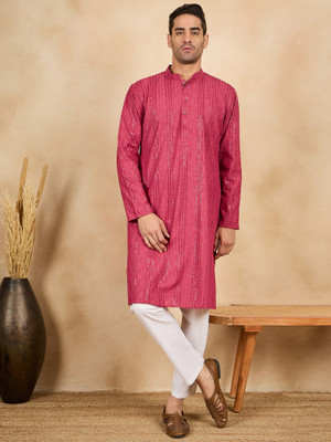 House of Pataudi Men Embroidered Straight Kurta(Red)