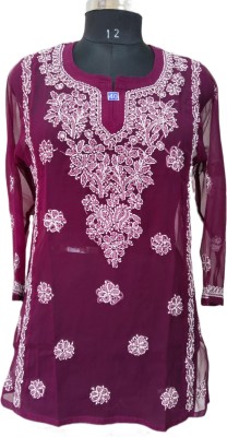 Adab chikan handicraft Women Chikan Embroidery A-line Kurta(Maroon)