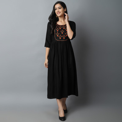 Kriska Women Embroidered A-line Kurta(Black)