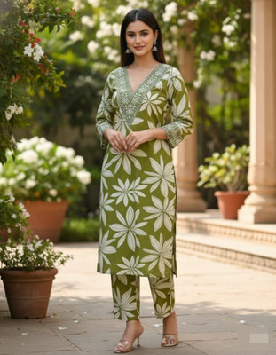 SS Fashion Women Block Print, Floral Print, Geometric Print, Printed Straight Kurta(Green)