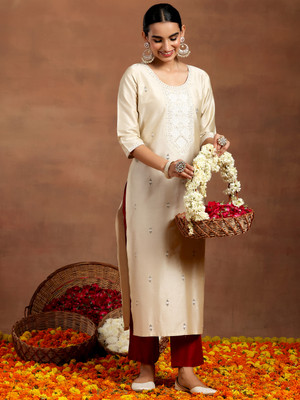 LIBAS Women Embroidered Straight Kurta(White)