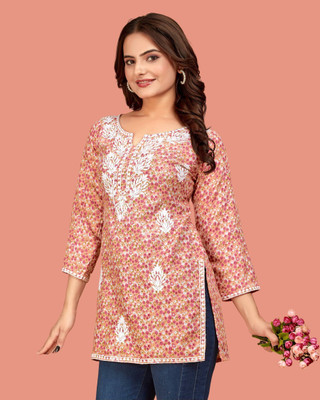 Verdant Women Chikan Embroidery Straight Kurta(Orange)