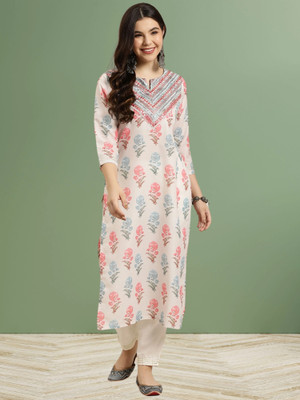 Anmi Floral Print, Embroidered Women Straight Kurta(White)