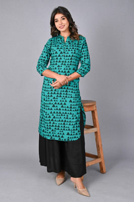 Anutarra Women Printed A-line Kurta(Blue)