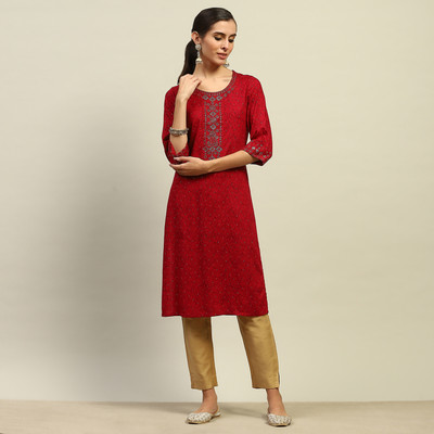 BIBA Women Embellished Straight Kurta(Red)