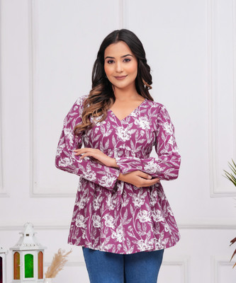 Chiraai Women Printed Cape Top Kurta(Purple)