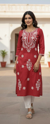 CHIAKANKARI ARTS Women Embroidered, Chikan Embroidery Straight Kurta(Maroon)