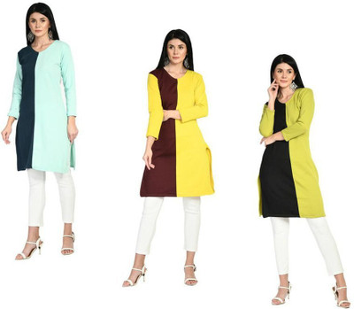 Indeweaves Women Solid Straight Kurta(Blue, Black, Yellow)