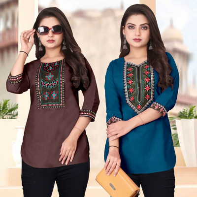 HELLY512 Women Embroidered A-line Kurta(Blue, Brown)