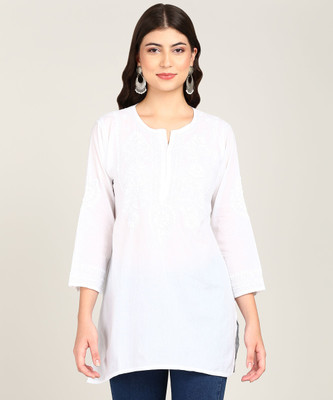 VAHSON Women Chikan Embroidery, Embroidered A-line Kurta(White)