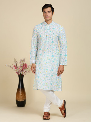 Rajubhai Hargovindas Men Printed Straight Kurta(White)