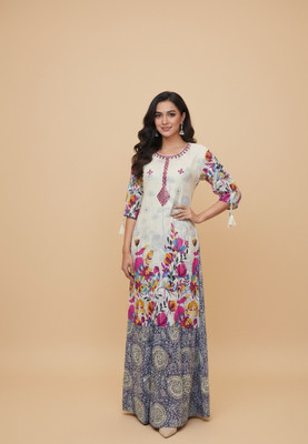 Boho Boutique Women Self Design, Floral Print A-line Kurta(Pink, Beige)