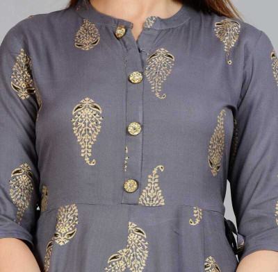 SMIEN Women Printed Anarkali Kurta(Grey, Gold)