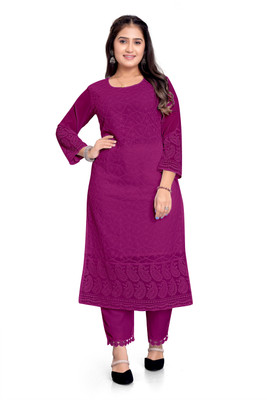 ZAZADIYA Women Chikan Embroidery Straight Kurta(Purple)