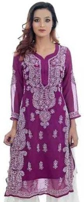 AA FASHION COLLECTION Women Chikan Embroidery A-line Kurta(Purple, White)