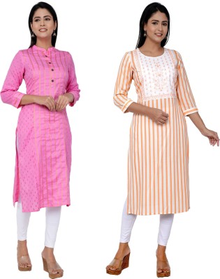 Kundan Women Striped Straight Kurta(Pink, Orange)