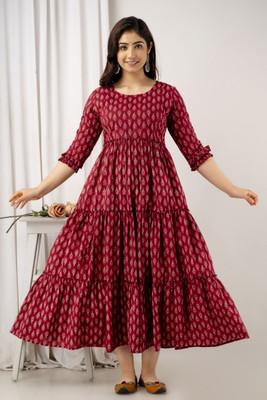 VARICOS Women Floral Print Flared Kurta(Maroon)
