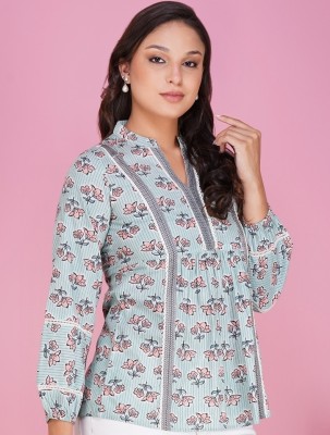 METRO-FASHION Women Floral Print A-line Kurta(Light Blue)