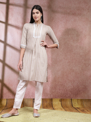 Stylum Women Woven Design Straight Kurta(White, Beige)