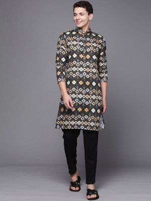 Indo Era Men Printed Straight Kurta(Grey)