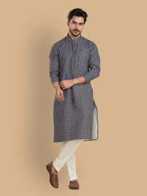 TRENDS OF ETHNIC Men Geometric Print Straight Kurta(Dark Blue)