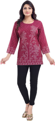 Anmi Magenta Faux Crepe Short Kurti Tunic Top Printed Women Straight Kurta(Red)