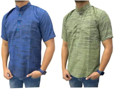 COTTONFEB Men Self Design Straight Kurta(Blue, Green)