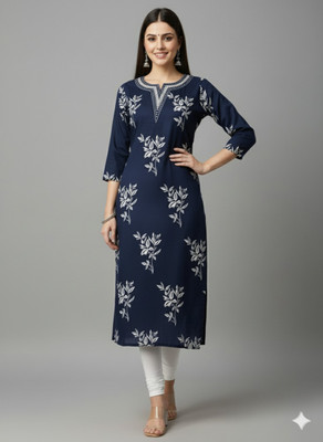 AURIPRX FASHION Women Embroidered, Printed Straight Kurta(Blue)