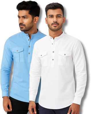 RAREMARK Men Solid Straight Kurta(Light Blue, White)