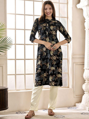 ANOUK Women Floral Print A-line Kurta(Black)