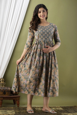 Cotnon Women Printed Anarkali Kurta(Grey)