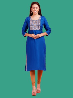 JC4U Women Embroidered Straight Kurta(Blue)