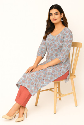New Era Creation Women Block Print Straight Kurta(Red, Grey)