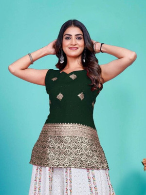J4 Fab Women Woven Design, Printed Straight Kurta(Dark Green)