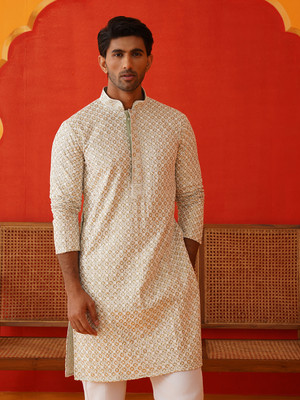 Jompers Men Embroidered Straight Kurta(Beige)