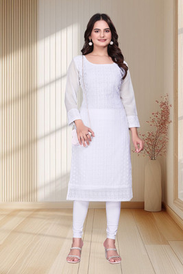 Dvastra Women Embroidered Straight Kurta(White)