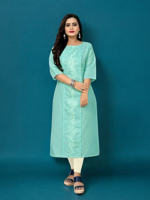 Ladylaz Women Embroidered Straight Kurta(Light Blue)