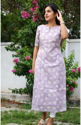 PINK WISH Women Printed A-line Kurta(Purple)