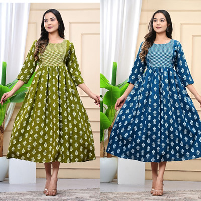 Kadri Women Floral Print A-line Kurta(Green)
