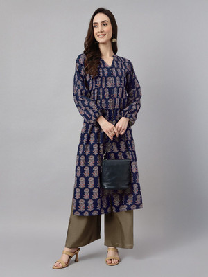 Janasya Women Floral Print Flared Kurta(Blue)