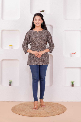 ARZOO Women Block Print Straight Kurta(Brown)