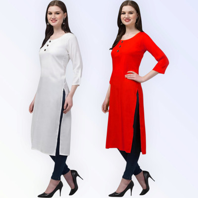 Coft Women Solid Straight Kurta(White, Black)
