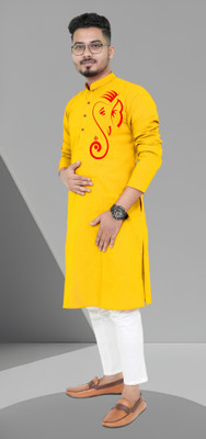 M Biswas Men Printed Straight Kurta(Yellow)
