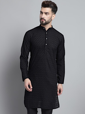 Jompers Men Embroidered Straight Kurta(Black)