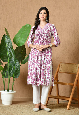 ZHOF Women Floral Print A-line Kurta(White)
