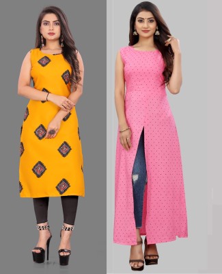 Modli 20 Fashion Women Printed Straight Kurta(Yellow, Pink)