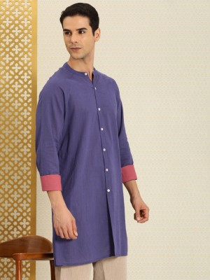 House of Pataudi Men Solid Asymmetric Kurta(Blue)