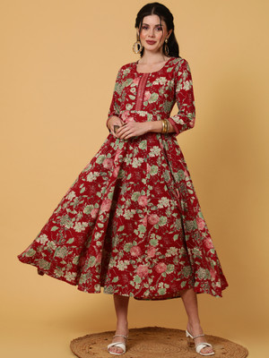 Sa Rasa Women Floral Print Ethnic Dress Kurta(Maroon)